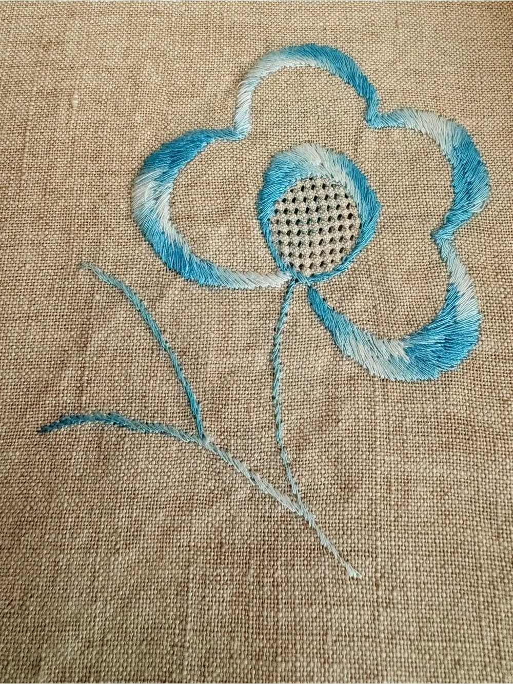 Natural Flax Linen Tablecloth Embroidered Blue Floral 64x80 EUC